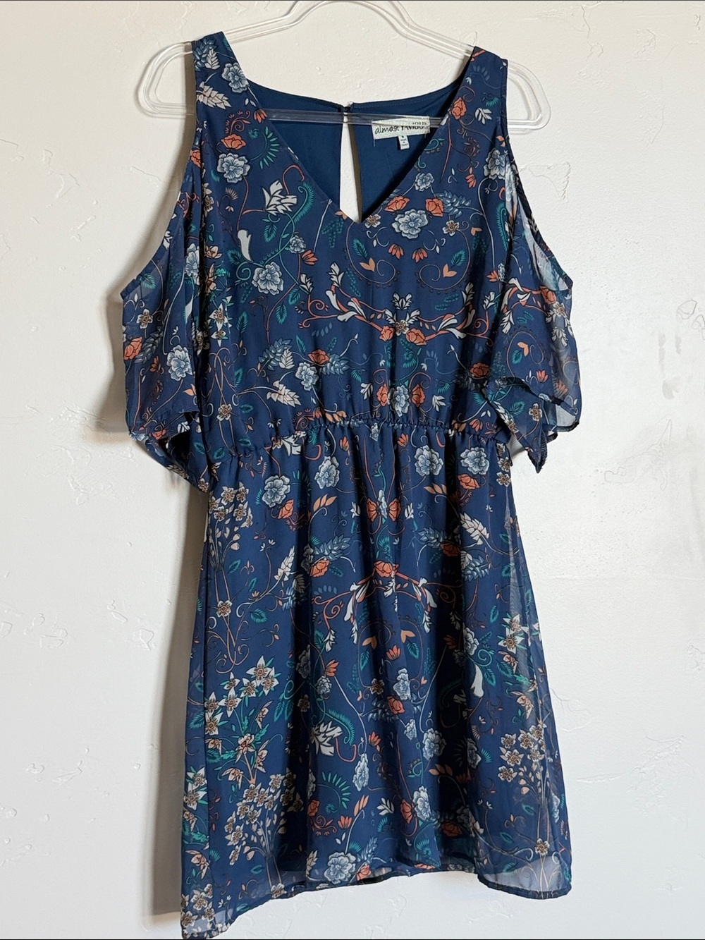Almost Famous Navy Floral Cold-Shoulder Boho Mini Dress Wedding Guest